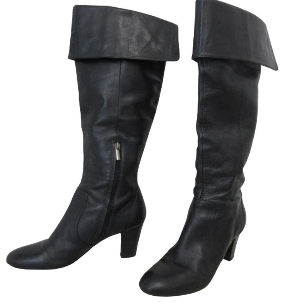 Bandolino Size 8.5 Tall Black Leather Boots Eye Candy Heeled 80s Flap Style